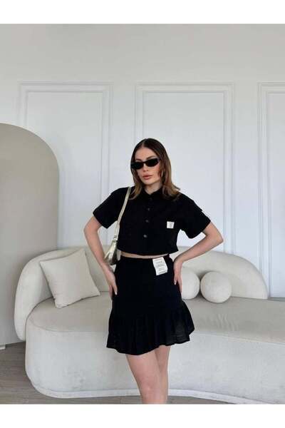 Koş Koş MİNİ ETEK VE KROP KETEN TAKIM