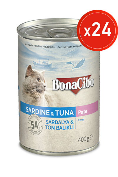 BonaCibo Ezme Sardalya ve Ton Balıklı Yaş Kedi Maması, 400 Gr X 24 Adet, Tüm Irklar İçin, Şekersiz