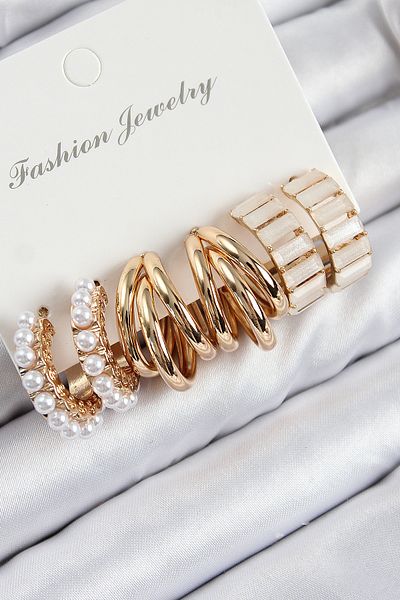 SeyCey.co Brass Pearl Ring Model Gold Color Women's Set Earrings