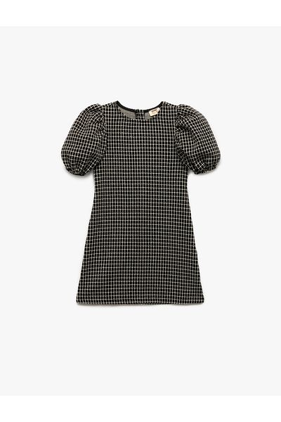 Koton Short Sleeve Crew Neck Balloon Sleeve Glitter Detail Tweed Dress