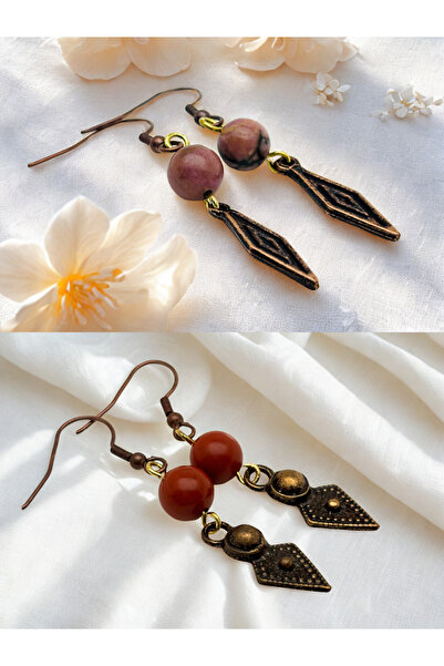 ayrestyle مجموعة أقراط من رودونيت وجاسبر من الأحجار الطبيعية مكونة من قطعتين