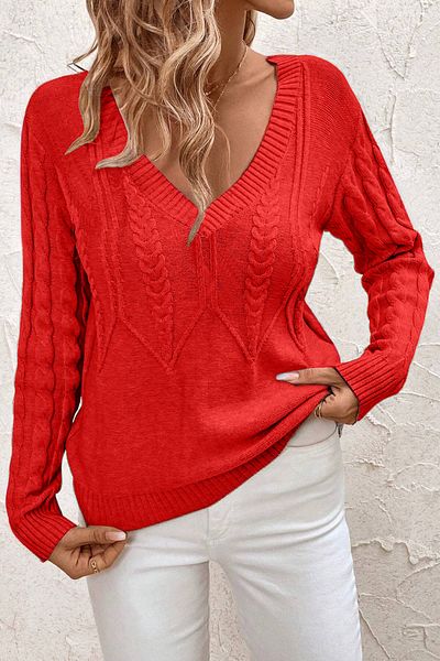 TRQOM Women's Hair Braided V-Neck Red Knitwear Sweater