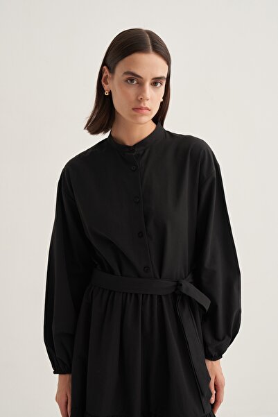 EBU Prive Women's Gathered Poplin Layered Dress Black