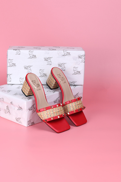 Extra Shoes İstanbul Women's Straw Red Skin Gold Kepsün Detailed Heeled Slippers
