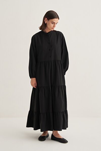 EBU Prive Women's Gathered Poplin Layered Dress Black