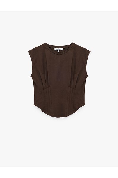 Koton Slim Fit Cap Sleeve Cotton Crew Neck Crop T-Shirt with Corset Detail
