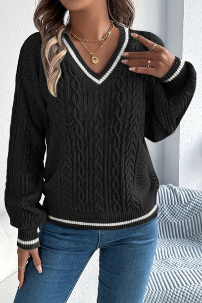 TRQOM Pulover de damă cu dungi cu decolteu în V tricotat cu modele negru