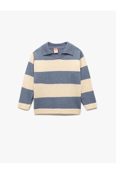 Koton Long Sleeve Striped Polo Collar Knitwear Sweater