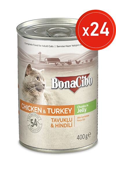 BonaCibo Jöleli Tavuk ve Hindili Yaş Kedi Maması, 400 Gr X 24 Adet, Tüm Irkla...