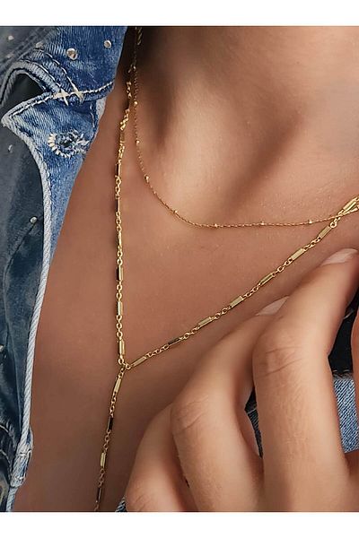 Eva Takı Store Double Y Top Model Thin Elegant Gold Color Necklace