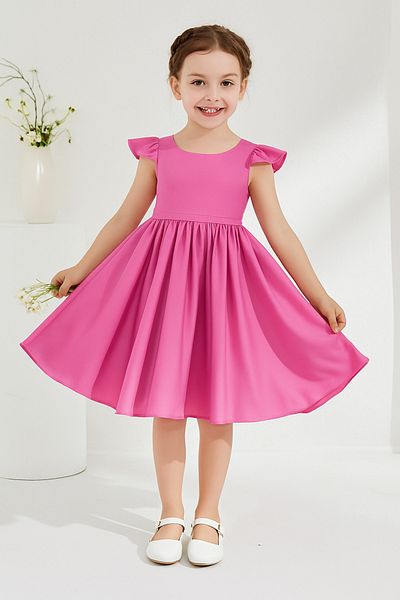 MadyaButik Girl's Selda Model Ruffle Sleeve Gathered Waist Satin Dress Graduation Birthday Party Dress