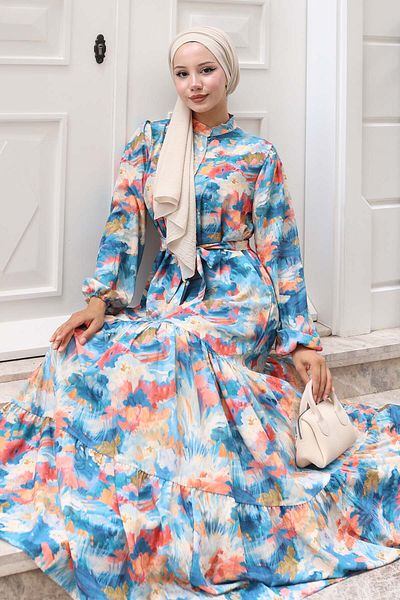 benguen Patterned Hijab Dress Indigo 575