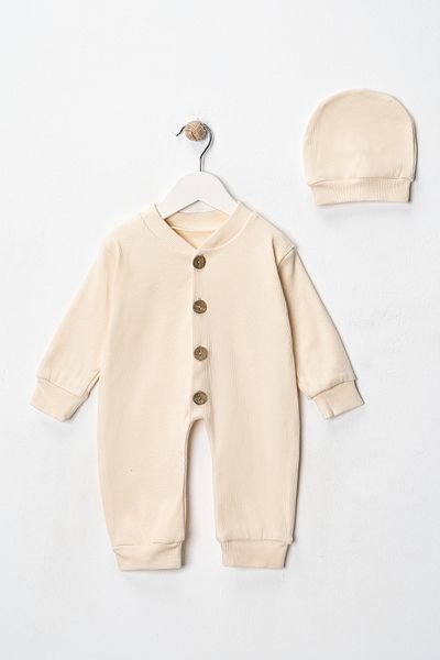 DIMPLE BABY Solid Color Buttoned Beret 2-Piece Jumpsuit Set