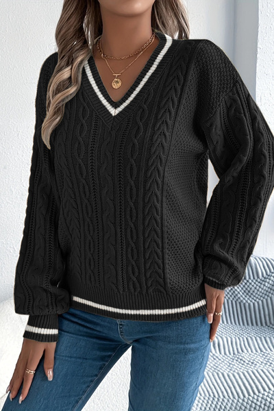 TRQOM Pulover de damă cu dungi cu decolteu în V tricotat cu modele negru