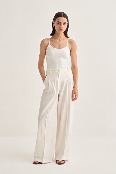 EBU Prive Women's Organic Cotton Pleated Palazzo Trousers Ecru