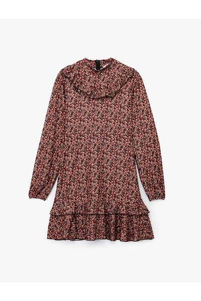 Koton Slim Fit Ruffled Long Sleeve Crew Neck Floral Mini Dress