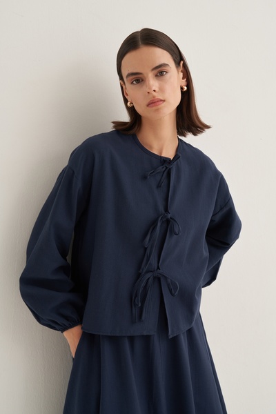 EBU Prive Kadın Organik Pamuk Bağcıklı Bluz Etek Takım Lacivert