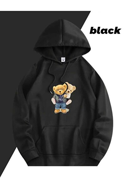 caddekombin Couple Bears Printed Hooded Pocket Cotton Black Sweatshirt