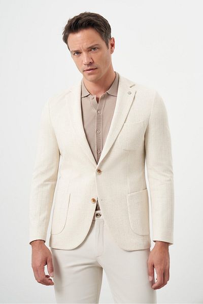 Morven Men's Beige Knitted Slim Fit Bag Pocket Mono Collar Sports Jacket