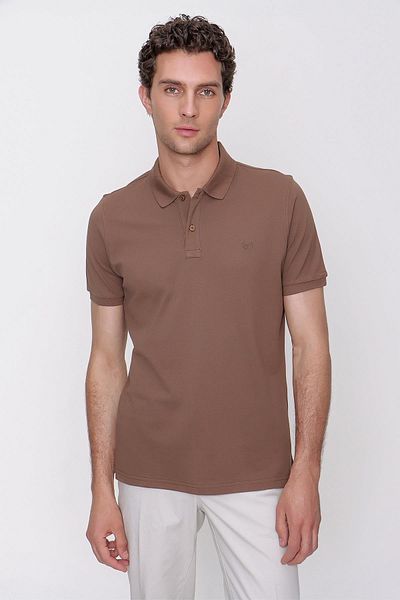 Morven Light Brown Basic Plain 100% Cotton Slim Fit Slim Fit Short Sleeve Polo Neck Men's T-Shirt