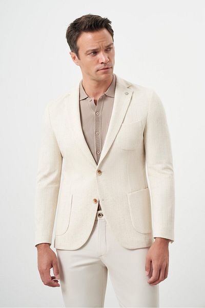 Morven Men's Beige Knitted Slim Fit Bag Pocket Mono Collar Sports Jacket