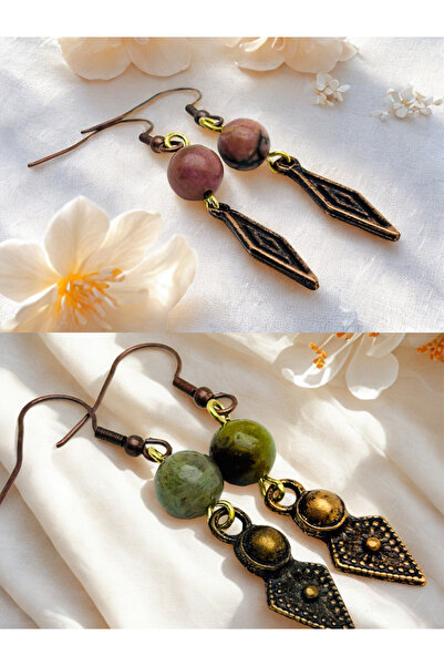 ayrestyle مجموعة أقراط من رودونيت وأحجار كريمة هندية طبيعية مكونة من قطعتين