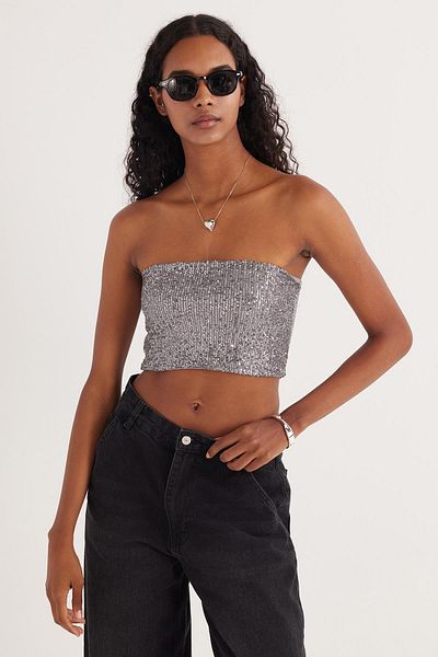 Tudors Women's Slim Fit Slim Fit Strapless Sequined Gray Blouse