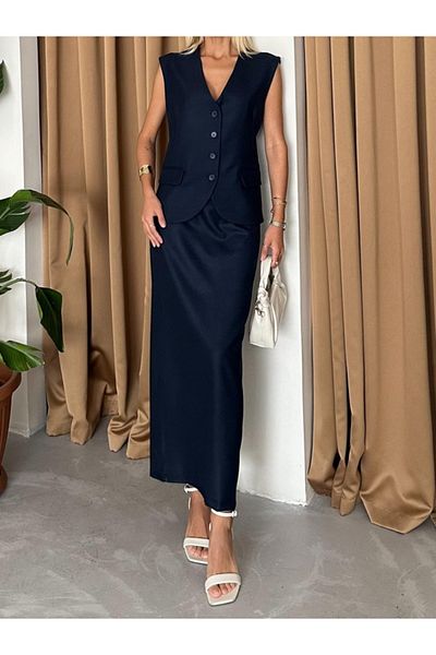 My Blog Navy Blue Polyviscose Pocket Vest Slit Pencil Skirt Set