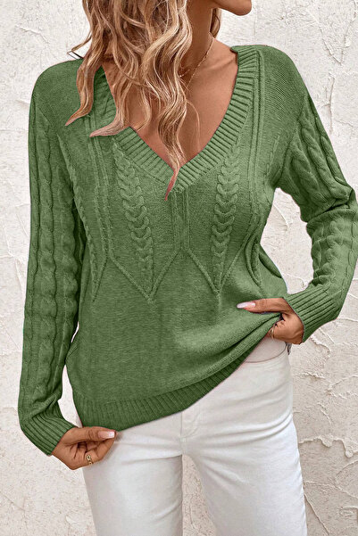 TRQOM Kadın Saç Örgülü V Yaka Mint Triko Kazak