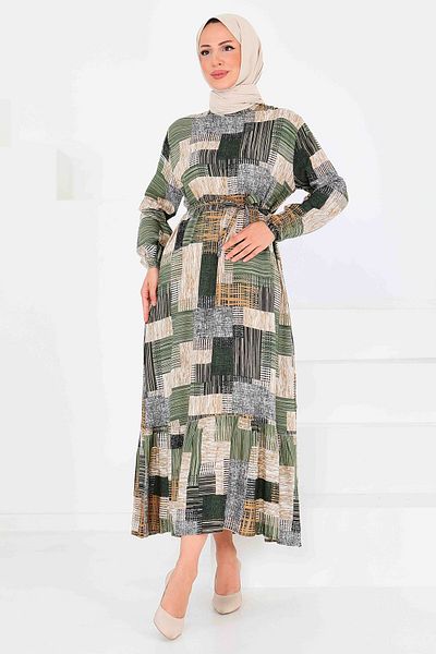 TOFİSA Patterned Belted Dress Khaki - 27518