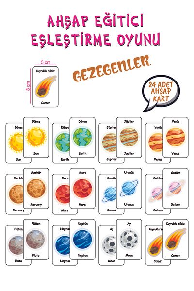 Leelii Tasarım Planets Wooden Memory Matching Cards Turkish - English Memory Game