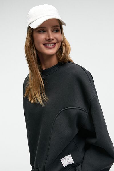 GRIMELANGE Serenya Women's Cotton Label Detailed Crew Neck Anthracite Sweatshirt