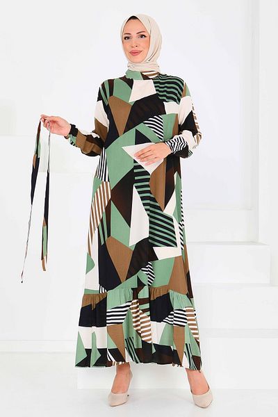 TOFİSA Patterned Belted Dress Khaki - 27517
