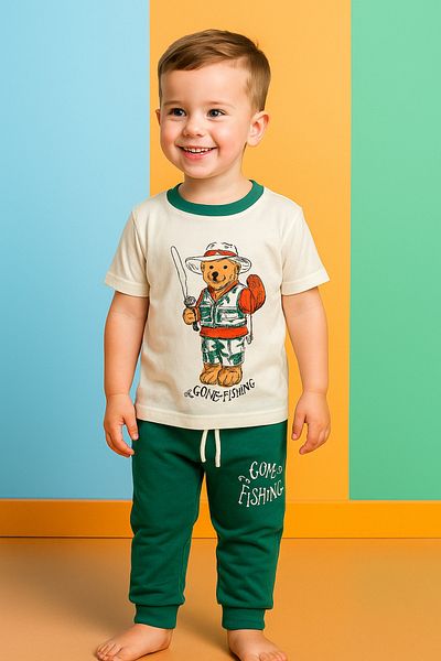 Katia&Bony Boy's Fisherman Teddy Bear Patterned Short Sleeve Pajama Set