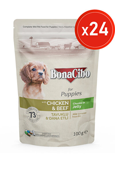 BonaCibo Jöleli Tavuklu Dana Etli Yaş Yavru Köpek Maması, 100 Gr x 24 Adet, T...