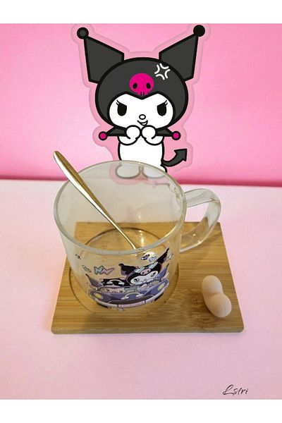 lstri Kuromi Cartoon Bamboo Coaster Glass Drinking Cup with Lid Cute Transparent Bubble Tea Household Milk Cup
