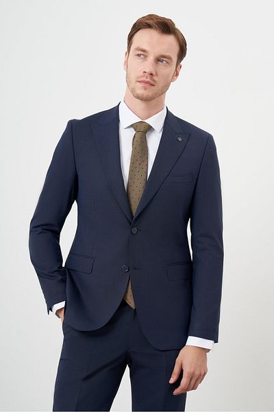 Morven Men's Navy Blue Woolen Platinium 8-Drop Slim Fit Pointed Collar Suit