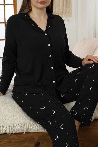 Siyah İnci Black Patterned Large Size Oversized Shirt Collar Button Milan Knitted Pajamas Suit25224315