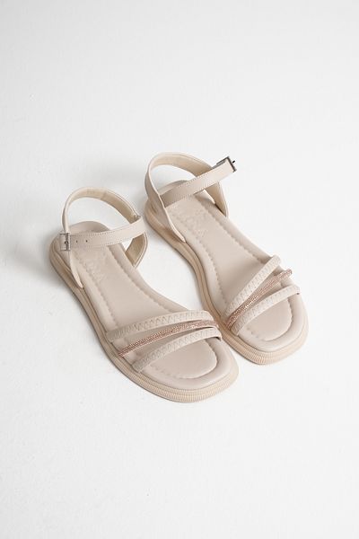 Nexs Women's Single Stripe Stone Ankle Strap Flat Sole Beige Sandals