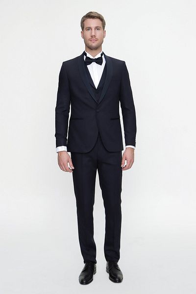 Morven Men's Navy Blue Santorin Ceremonia Jacquard Slim Fit Slim Fit Groom Suit