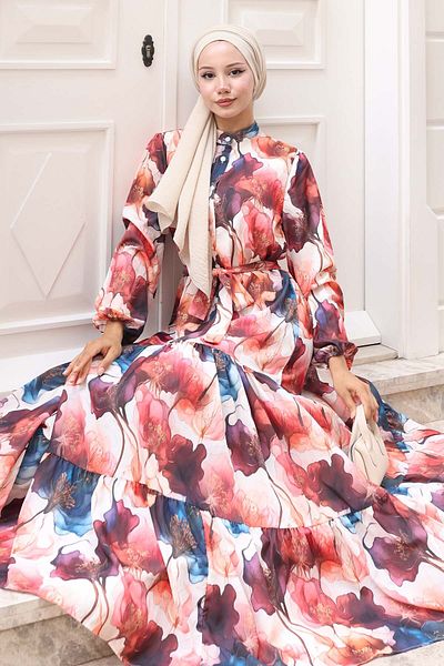 benguen Patterned Hijab Dress Salmon 578