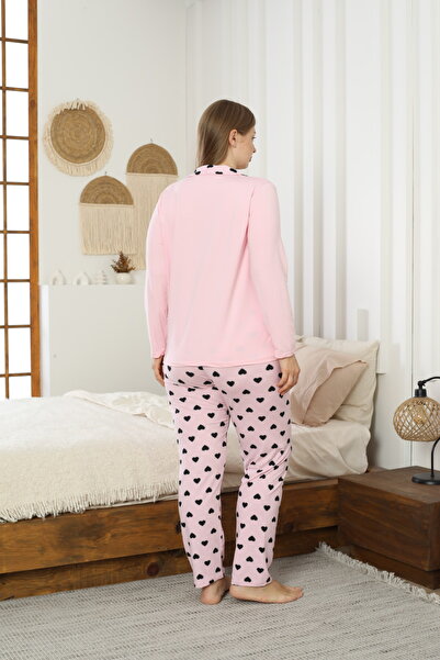 Siyah İnci pembe Desenli Büyük Beden Battal Boy Gömlek Yaka Düğmeli Milan Örme Pijama Takım25224313