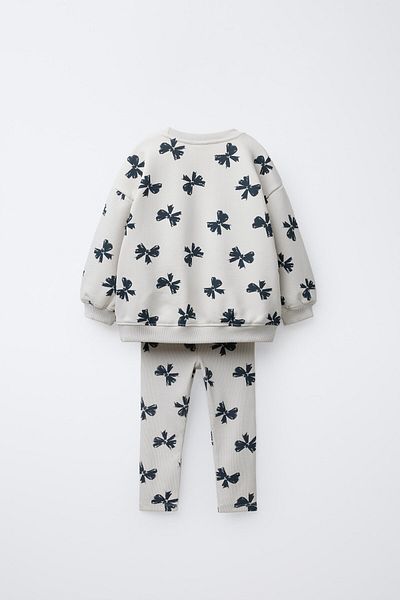 Magu Girls' Cotton Cream Bow Patterned Sweatshirt and Leggings Set