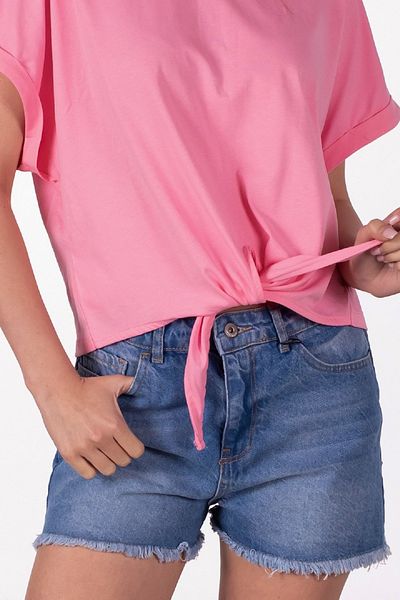 OIL PARK Crew Neck Double Sleeve 100% Cotton Comfortable Form Tie Front T-Shirt