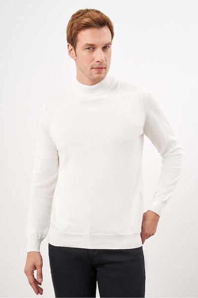 Morven Men's Ecru Basic Half Turtleneck Dynamic Fit Comfortable Cut Knitwear