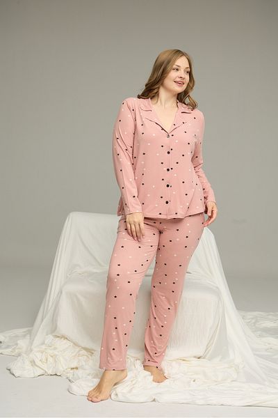 Siyah İnci Powder Patterned Large Size Oversized Shirt Collar Buttoned Milan Knitted Pajama Set25224322