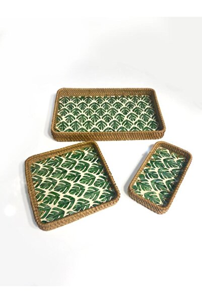 ÇIRPAN EV YEŞİL YAPRAK DESEN 3'LÜ RATTAN TEPSİ