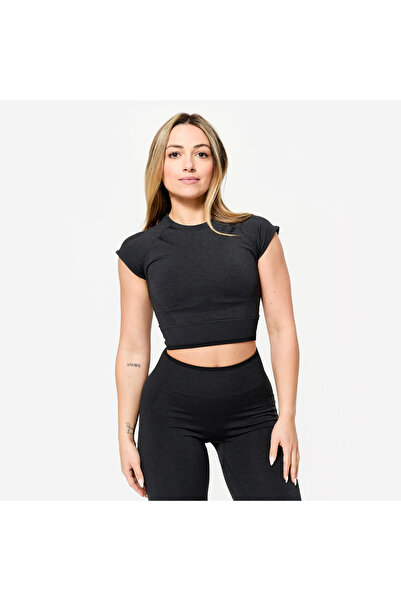 Decathlon Domyos Kadın Dikişsiz Crop Top - Kas Geliştirme - Siyah