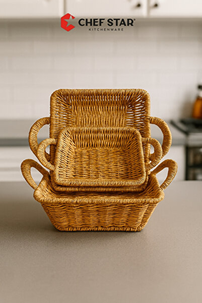 Chefstar DOĞAL GÖRÜNÜMLÜ 3’LÜ KARE HASIR SUNUM SEPETİ SETİ