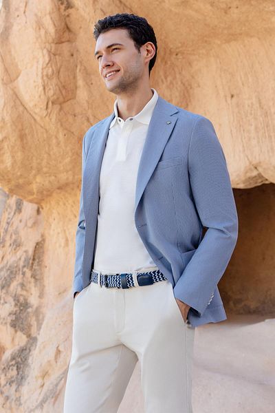 Morven Men's Blue Woven Slim Fit Bag Pocket Mono Collar Sports Jacket
